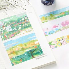 Cute Kawaii BGM Washi / Masking Deco Tape - Lush Green Landscape Beautiful Nature Farm Animal Free Forest Season Gold Accent - for Journal Planner Craft Diary Schedule Notebook Scrapbook Stationery Gift