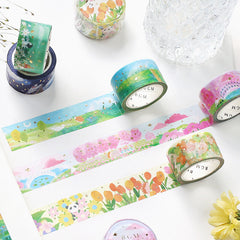 Cute Kawaii BGM Washi / Masking Deco Tape - Lush Green Landscape Beautiful Nature Farm Animal Free Forest Season Gold Accent - for Journal Planner Craft Diary Schedule Notebook Scrapbook Stationery Gift