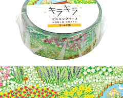 Cute Kawaii World Craft Gold Accents Washi / Masking Deco Tape - Beautiful Green Garden Flower Nature Bloom Spring - for Diary Journal Notebook Planner Craft Schedule Scrapbook Fresh