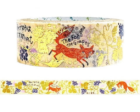Cute Kawaii Shinzi Katoh Gold Accents Washi / Masking Deco Tape - The Fox and the Grapes ♥ Aesop's Fables Story - for Diary Journal Planner Craft Schedule Art Notebook Scrapbook Gift