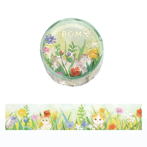 Cute Kawaii BGM Washi / Masking Deco Tape - Cat Kitten Feline Flower Garden - for Scrapbooking Journal Planner Craft