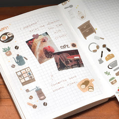 Cute Kawaii BGM Washi / Masking Deco Tape - Cafe Cup of Coffee Latte Warm Drink Breakfast Weekend Relax Time - for Scrapbooking Journal Planner Craft