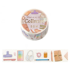 Cute Kawaii BGM Washi / Masking Deco Tape - What's on My Desk - Stationery Collector Student College Business Headphone Pen Notebook Gold Trim - for Scrapbooking Journal Planner Craft