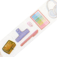 Cute Kawaii BGM Washi / Masking Deco Tape - What's on My Desk - Stationery Collector Student College Business Headphone Pen Notebook Gold Trim - for Scrapbooking Journal Planner Craft