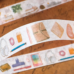 Cute Kawaii BGM Washi / Masking Deco Tape - What's on My Desk - Stationery Collector Student College Business Headphone Pen Notebook Gold Trim - for Scrapbooking Journal Planner Craft