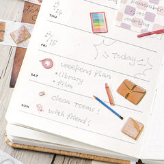 Cute Kawaii BGM Washi / Masking Deco Tape - What's on My Desk - Stationery Collector Student College Business Headphone Pen Notebook Gold Trim - for Scrapbooking Journal Planner Craft