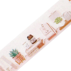Cute Kawaii BGM Washi / Masking Deco Tape - What's on My Desk - Vlogger Book Plant Candle Table Decor Gold Accents - for Scrapbooking Journal Planner Craft