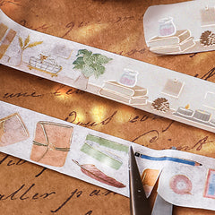 Cute Kawaii BGM Washi / Masking Deco Tape - What's on My Desk - Vlogger Book Plant Candle Table Decor Gold Accents - for Scrapbooking Journal Planner Craft