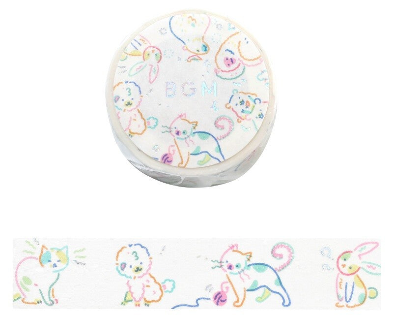 Cute Kawaii BGM Washi / Masking Deco Tape - Whimsical Colorful Animal Drawing Illustration Cat Dog Rabbit Pet - for Journal Agenda Planner Diary Craft Scrapbook Gift