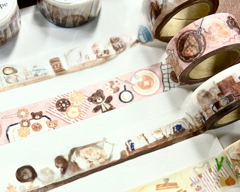 Cute Kawaii Papier Platz Nakauchiwaka Washi / Masking Deco Tape - Cozy Home Series - Bear Biscuit Cookies Pie Cupcake Warm Autumn Bakery - for Journal Planner Diary Scrapbook Craft Gift