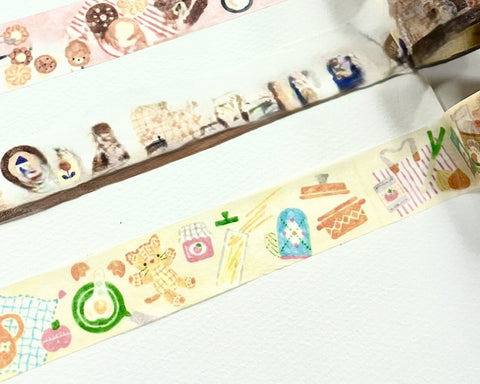 Cute Kawaii Papier Platz Nakauchiwaka Washi / Masking Deco Tape - Cozy Home Series - Kitty Cat in the Kitchen Bake Vegetable Cook Kitten Feline Pet - for Journal Planner Diary Scrapbook Craft Gift