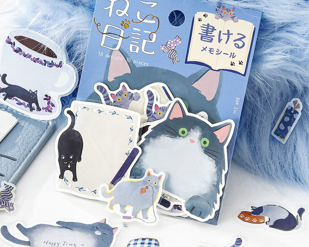 Cute Kawaii BGM Flake Stickers Sack - Write On Label Series - Favorite Cat Tabby Kitty Feline Pet Blue - for Journal Agenda Planner Scrapbooking Craft Diary Gift