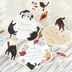 Cute Kawaii BGM Flake Stickers Sack - Write On Label Series - Favorite Cat Tabby Kitty Feline Pet Black and White - for Journal Agenda Planner Scrapbooking Craft Diary Gift