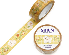 Cute Kawaii Saien Washi / Masking Deco Tape - Dog Walking Pet Happy Cheerful White Puppy - for Diary Journal Planner Craft Calendar Notebook Scrapbook Stationery Gift