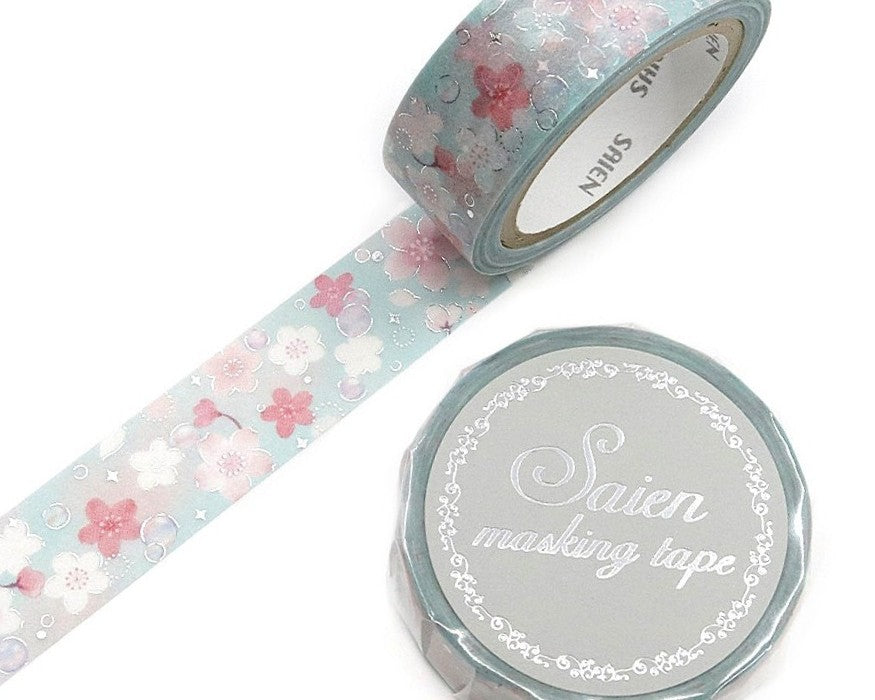 Cute Kawaii Saien Washi / Masking Deco Tape - Cherry Blossom Pastel Soft Blue Flower Bloom Sakura Petal Spring Garden - for Journal Planner Craft Diary Planner Scrapbook Notebook Art Stationery Gift