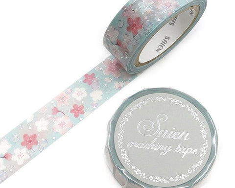 Cute Kawaii Saien Washi / Masking Deco Tape - Cherry Blossom Pastel Soft Blue Flower Bloom Sakura Petal Spring Garden - for Journal Planner Craft Diary Planner Scrapbook Notebook Art Stationery Gift