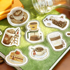 Cute Kawaii BGM Flake Stickers Sack - Petit Story Series - Cozy Cafe Coffee Latte Morning Weekend Drink - for Journal Agenda Planner Scrapbooking Craft Diary Gift