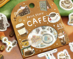 Cute Kawaii BGM Flake Stickers Sack - Petit Story Series - Cozy Cafe Coffee Latte Morning Weekend Drink - for Journal Agenda Planner Scrapbooking Craft Diary Gift