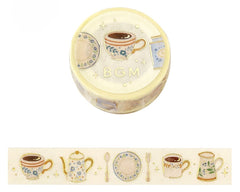 Cute Kawaii BGM Washi / Masking Deco Tape - Foil Stamping / Accents - Charming Teatime Tea Cup Cozy Relax Time - for Diary Journal Planner Craft Stationery Agenda Schedule Gift