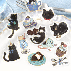 Cute Kawaii BGM Flake Stickers Sack - Cat Cafe Series - A Blue - Latte Chocolate Cake Coffee - for Journal Agenda Planner Scrapbooking Craft Diary Gift