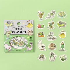 Cute Kawaii BGM Flake Stickers Sack - Cat Cafe Series - B Green - Matcha Green Tea Fresh Fruit Dessert - for Journal Agenda Planner Scrapbooking Craft Diary Gift