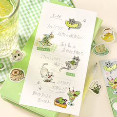 Cute Kawaii BGM Flake Stickers Sack - Cat Cafe Series - B Green - Matcha Green Tea Fresh Fruit Dessert - for Journal Agenda Planner Scrapbooking Craft Diary Gift