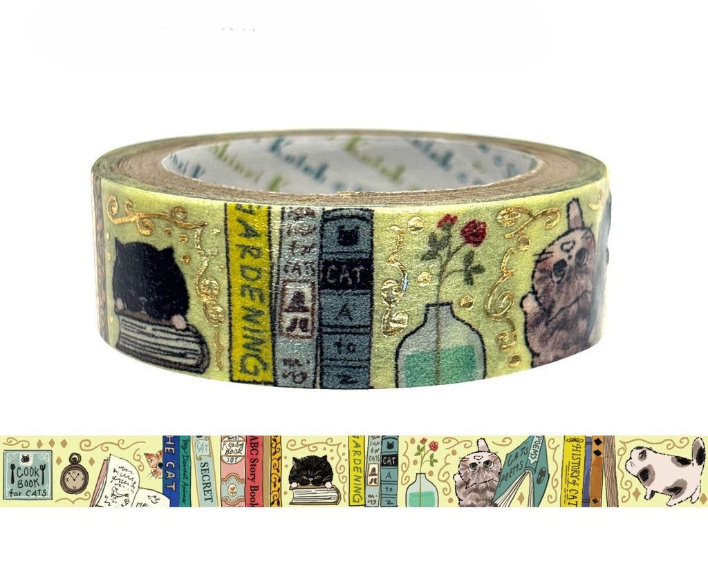 Cute Kawaii Shinzi Katoh Gold Accents Washi / Masking Deco Tape - Curious Cats ♥ Books  - for Diary Journal Notebook Planner Craft Scrapbook Gift