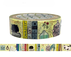 Cute Kawaii Shinzi Katoh Gold Accents Washi / Masking Deco Tape - Curious Cats ♥ Books  - for Diary Journal Notebook Planner Craft Scrapbook Gift