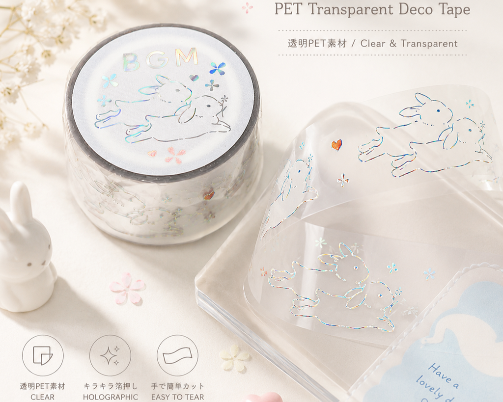 Cute Kawaii BGM Clear PET Deco Tape - Rabbit Bunny Hop Heart Easter - for Scrapbooking Journal Planner Craft Decor Schedule Agenda Stationary (Copy)