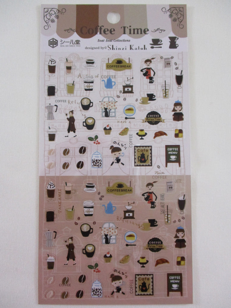 Cute Kawaii Shinzi Katoh Sticker Sheet - A - Coffee Time Cafe Drink Latte Cozy Relax - for Diary Journal Planner Craft Organizer Schedule Decor Gift