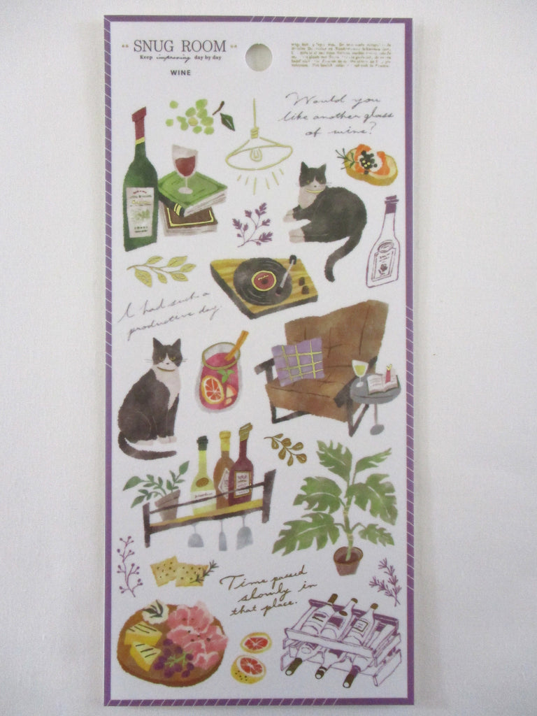 Cute Kawaii MW Snug Cozy Room - D - Black Cat Fine Day Drink Wine Sticker Sheet - for Diary Journal Planner Craft Organizer Schedule Decor Gift