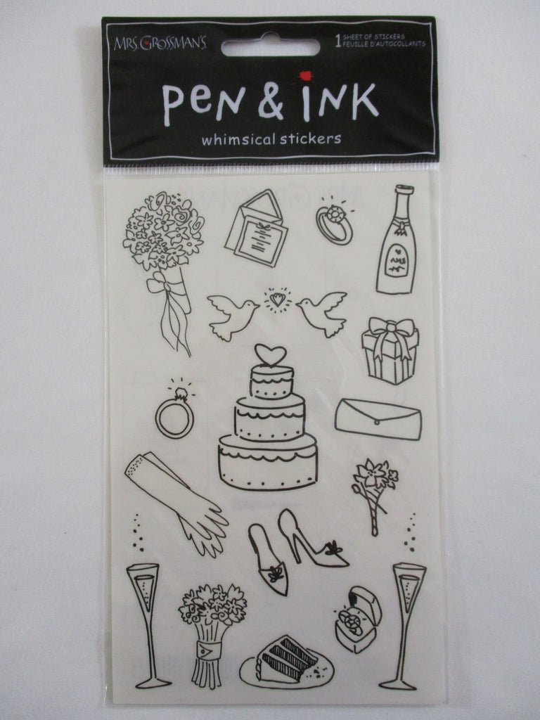 Mrs Grossman 4 x 6.5 Pen & Ink Whimsical - Wedding Celebration Party Bridal Paraphernalia Supplies Sticker Sheet - Vintage & Collectible