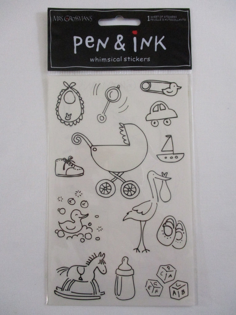 Mrs Grossman 4 x 6.5 Pen & Ink Whimsical - Baby Shower Gear Toys Sticker Sheet - Vintage & Collectible