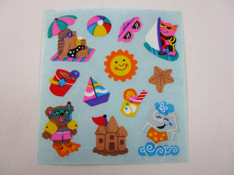 Sandylion Bear Animal Beach Vacation Sticker Sheet / Module - Vintage & Collectible - Rare Blue Backing