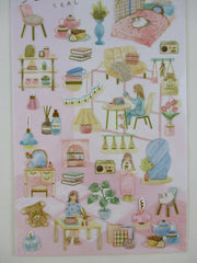Cute Kawaii Kamio My Room Tour Series Sticker Sheet - Girl Cozy Pink Room Home Bear Cat Reading Flower Plant Dorm Apartment - for Journal Planner Craft Agenda Organizer Scrapbook