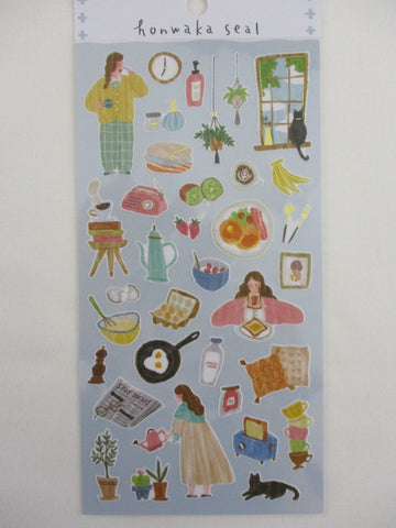 Cute Kawaii MW Honwaka Seal Series - B - Day Activities Morning Breakfast Fruit Book Study Reading Music Cooking Sticker Sheet - for Journal Planner Craft