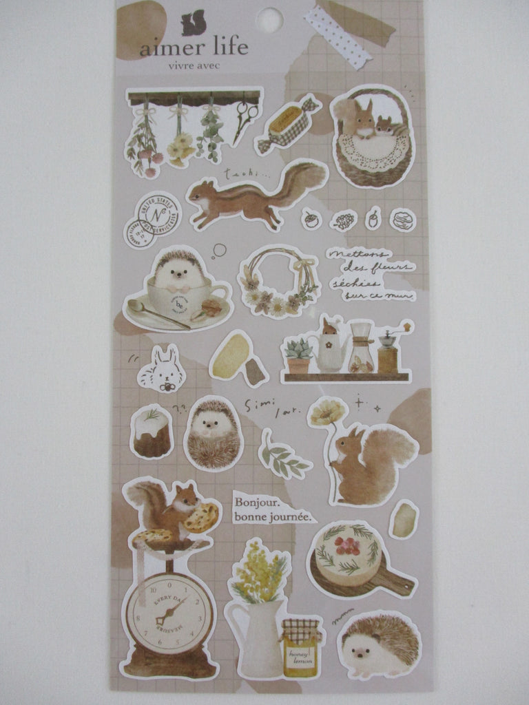 Cute Kawaii Q-Lia Nature Vivre Aimer Series - Hedgehog Squirrel Autumn Brown Sticker Sheet - for Journal Planner Craft