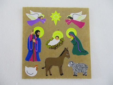 Sandylion Christmas Scene Baby in the Manger Sticker Sheet / Module - Vintage & Collectible - Brown Backing