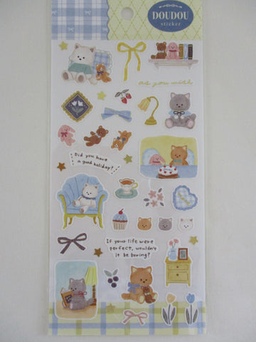 Cute Kawaii Mind Wave Doudou Sticker Sheet with Gold Accent - Cat and Friends at Home A Book Bear Tea Cupcake - for Journal Planner Craft Diary Gift Schedule