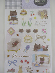 Cute Kawaii Mind Wave Doudou Sticker Sheet with Gold Accent - Cat and Friends at Home A Kitten Panda Strawberry Cake Tea - for Journal Planner Craft Diary Gift Schedule