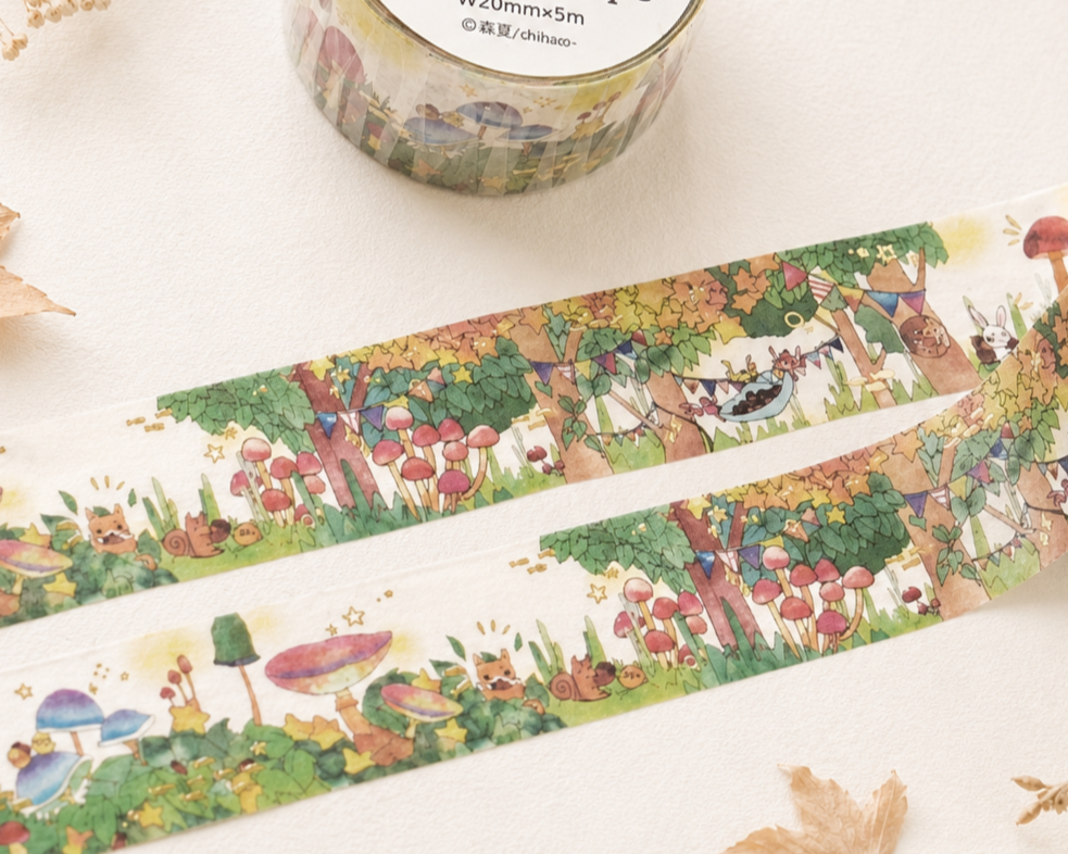 Cute Kawaii Papier Platz Washi / Masking Deco Tape - Mushroom Forest Green Nature - for Journal Planner Diary Scrapbook Craft Gift
