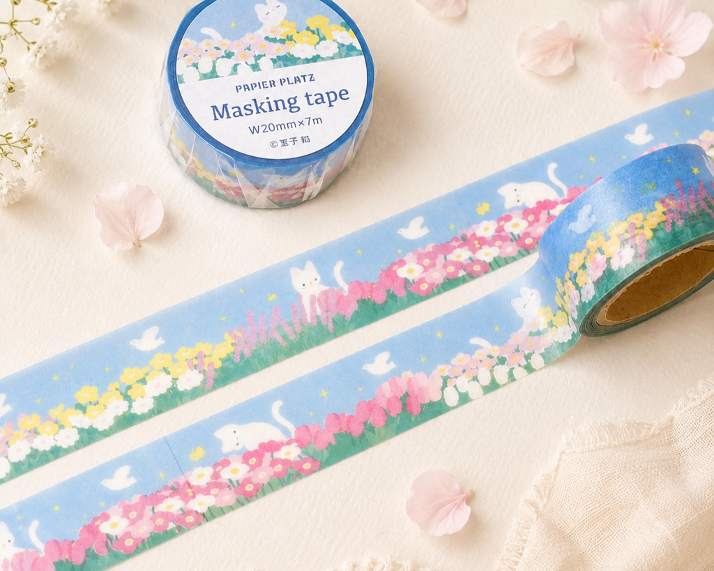 Cute Kawaii Papier Platz Washi / Masking Deco Tape - Cat Flower Field Blue Sea Spring - for Journal Planner Diary Scrapbook Craft Gift