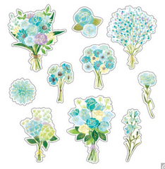 MW Salon de Fleur Flowers - Flake Stickers Sack - Green Blue - Beautiful Garden Love Wedding Bouquet for Journal Agenda Planner Scrapbooking Craft