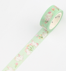 Cute Kawaii BGM Washi / Masking Deco Tape - Bunny Tulip Flower Rabbit Garden Field Pink - for Scrapbooking Journal Planner Craft