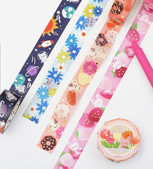 Cute Kawaii BGM Washi / Masking Deco Tape - Crayon Land series - Bunny Tulip Flower Rabbit Garden Field Pink - for Scrapbooking Journal Planner Craft