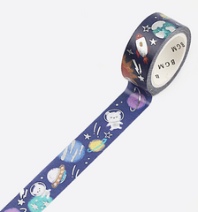 Cute Kawaii BGM Washi / Masking Deco Tape - Crayon Land series - Bear Astronaut Planet Space Universe Sky  - for Scrapbooking Journal Planner Craft