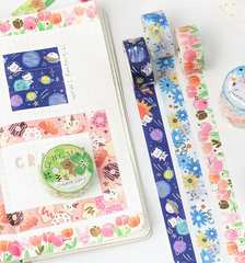 Cute Kawaii BGM Washi / Masking Deco Tape - Crayon Land series - Bear Astronaut Planet Space Universe Sky  - for Scrapbooking Journal Planner Craft