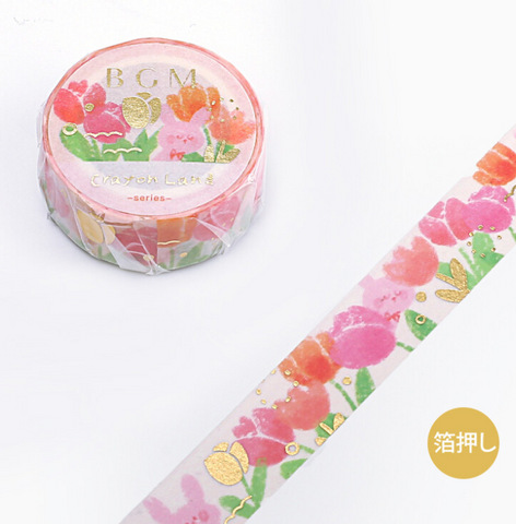Cute Kawaii BGM Washi / Masking Deco Tape - Crayon Land series - Bunny Tulip Flower Rabbit Garden Field Pink - for Scrapbooking Journal Planner Craft