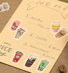 Cute Kawaii BGM Cartful Series Flake Stickers Sack - Coffee Latte Cappuccino Cafe Drink Chocolate - for Journal Agenda Planner Scrapbooking Craft