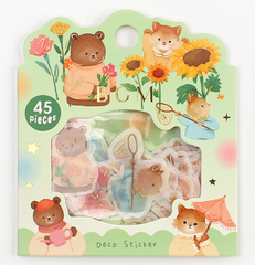Cute Kawaii BGM Flake Stickers Sack - Bear Sunflower Spring Butterfly Garden - for Journal Agenda Planner Scrapbooking Craft